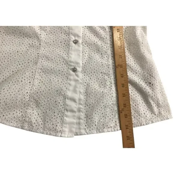 Escada white eyelet short-sleeved shirt rhinestone-embellished buttons size 38 - Picture 8 of 11
